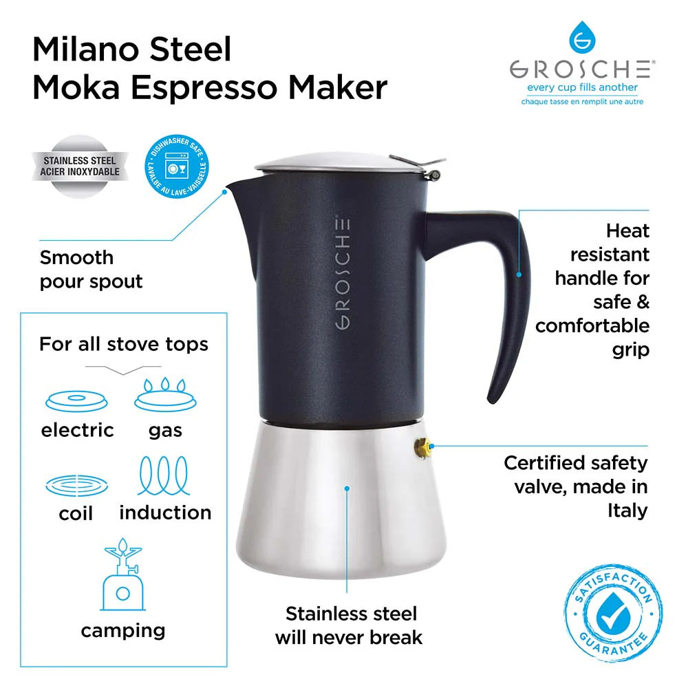 GROSCHE  MILANO STEEL Stovetop Espresso Maker, Moka Pot - 10 Cup