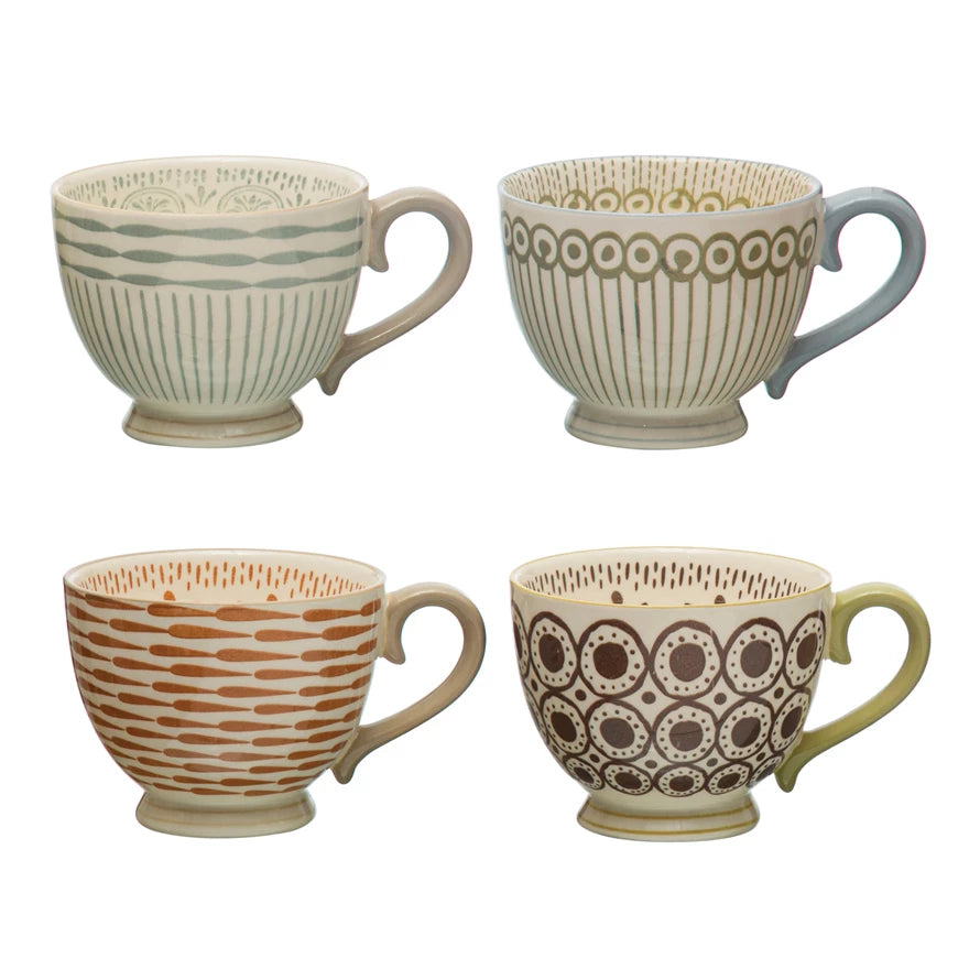 Mugs  -  4pack of 10 oz. Stoneware Mug w/ Pattern, 4 styles